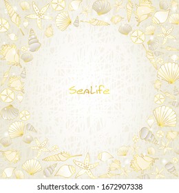 Seashell and starfish gold color doodle on cream color background.