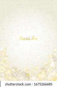 Seashell and starfish gold color doodle on cream color background.