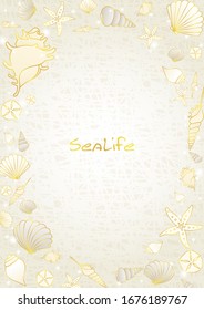 Seashell and starfish gold color doodle on cream color background.