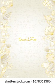 Seashell and starfish gold color doodle on cream color background.
