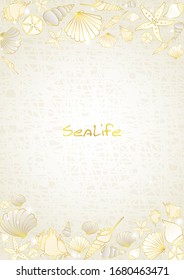 Seashell and starfish gold color doodle on cream color background.