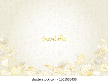 Seashell and starfish gold color doodle on cream color background.