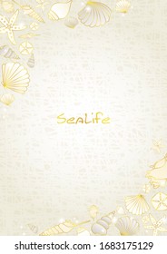 Seashell and starfish gold color doodle on cream color background.