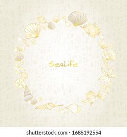 Seashell and starfish gold color doodle on cream color background.