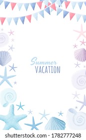 Seashell, starfish and party flags vertical frame. Retro vector illustration. Soft pastel colors. Design for invitation, poster, card, flyer, banner. Place your text