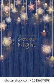 Seashell, starfish and party light border on navy blue wood wall background vector for decoration on beach party events and summer Christmas festival.