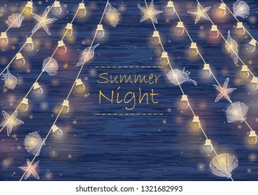 Seashell, starfish and party light border on navy blue wood wall background vector for decoration on beach party events and summer Christmas festival.