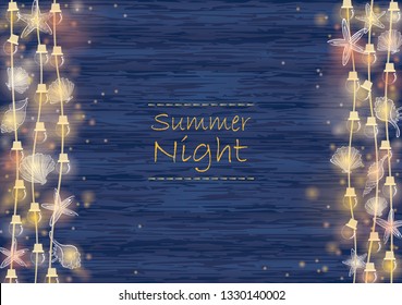 Seashell, starfish and party light border on navy blue wood wall background vector for decoration on beach party events and summer Christmas festival.