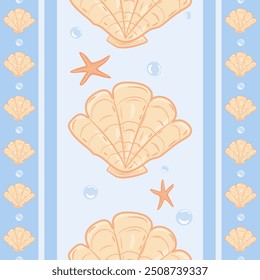 SeaShell Starfish and Pearl Icon of The Sea. Beach Vibe Seamless Stripe Pattern Vector for All Decoration Fabric Print SeaShell Starfish and Pearl Icon of The Sea. Beach Vibe Seamless Stripe Pattern.