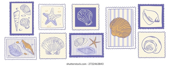 Briefmarken für Muscheln und Seesterne im handgezeichneten Vintage-Stil. Sommerliches Meer, Sonne und Meereselemente. Vektorgrafik.