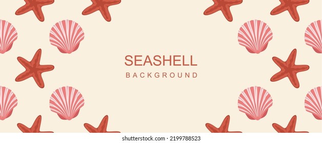 Seashell and starfish round frame. Composition of scallop and starfish background.  Seashells pattern on Sand backdrop background. Exotic beach shellfish, clamshell. Vector illustration