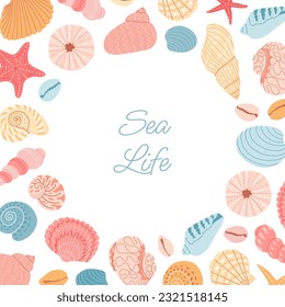 Seashell and starfish round frame. Seashells border template with copy space for text. Sea design for invitation, poster, card, flyer, banner.