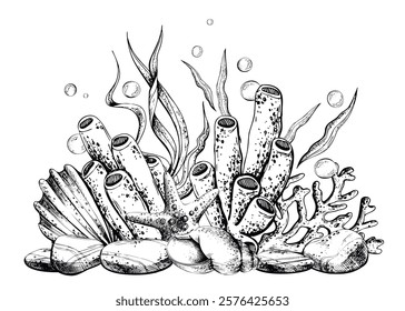 Seashell, starfish, sea sponge, algae, pebbles and bubbles. Hand drawn graphic illustration in black and white color line art. Sublimation arrangement on marine theme