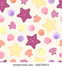 Seashell and starfish seamless pattern background Flat design illustration Multicolor seashell. Can be used for wallpaper or background summer and beach theme