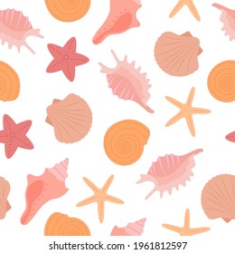 Seashell and starfish seamless pattern in pastel color