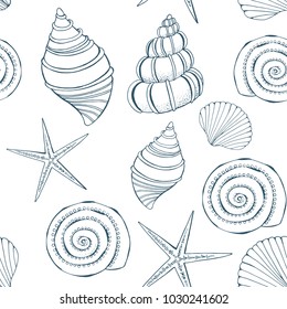 Seashell and starfish seamless pattern. Sea background in hand drawn style. Vector illustration. eps10