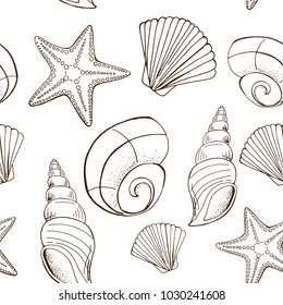 Seashell and starfish seamless pattern. Sea background in hand drawn style. Vector illustration. eps10