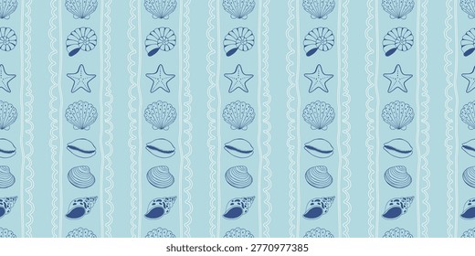 Seashell and starfish seamless pattern in vertical stripes, whimsical hand drawn line art style. Blue nautical background, summer fabric textile, wallpaper, coastal nursery decor, scrapbook.