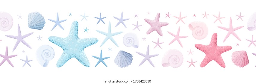 Seashell and starfish seamless stripe. Retro vector illustration. Light and soft pastel colors. Vintage marine pattern. Endless design element