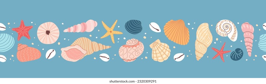 Campaña de concha y pez estrella sin costura. Borde horizontal del vector. Fondo azul. Patrón marino. Estilo de caricatura plano. conchas tropicales de verano en la playa.