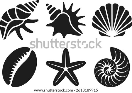 Seashell and Starfish Silhouettes Vector Set for Summer Themes – Beach and Ocean Icon Collection