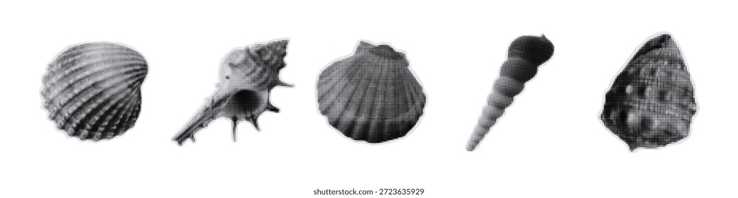 Pegatinas de conchas marinas para collages. Almejas, caracola y diferentes Formas de concha. Pegatinas cortadas en papel, arte contemporáneo. Escaparate de la vida submarina. Colección de Vector simple con Elementos semitonos.