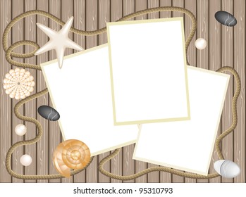 Seashell, stone, sea star and rope on wood deck background with text area frame