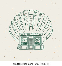 Seashell a storefront of fish shop drawing in vintage style on beige background