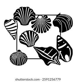 Seashell Summer. Black and White Seashore Graphic Art. A stunning monochrome illustration of various seashells perfect for beachthemed decor or natureinspired designs.