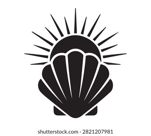 Seashell with sunrise rays behind it in premium black silhouette vector style.