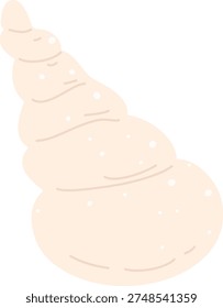 Seashell with tapered spiral, smooth ridges, and speckled texture on a clean backdrop. Symbol of beach, summer, calm, and treasure from the ocean. Cartoon vector illustration.