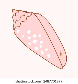 Seashell is type of sea snail, gastropod of cone shell family in Pacific and Indian Oceans. Vector illustration in simple minimalistic style of icon in solid pink color with outline in flat style.