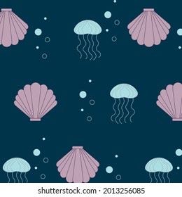 seashell underwater seamless pattern. Nice pink seashells with blue jellyfish. Transparent pattern. Perfect for baby textile, clothing, wallpaper, decoration