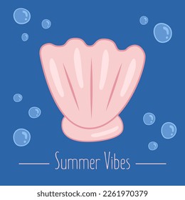 Seashell underwater, summer oyster in cartoon style, marine oceanic life illustration, vector poster, banner with Summer Vibes text.