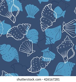 Seashell vector background. Abstract seamless pattern. Endless ornament. Sea colors on dark blue background. Can be used for wallpaper, textile, fabric, surface textures.