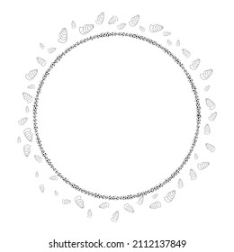 Seashell vector frame for text. Round frame for text with shells and sand monochrome. Design element for banner, card, invitation, flyer.