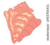 Seashell vector illustration. Pink cone shell with spots and stripes. Oceanic mollusk, underwater creature. Vector illustration sea set for poster, card.  Marine cartoon isolated clipart.