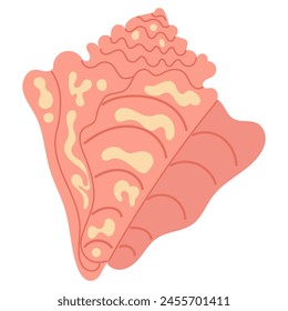 Seashell vector illustration. Pink cone shell with spots and stripes. Oceanic mollusk, underwater creature. Vector illustration sea set for poster, card.  Marine cartoon isolated clipart.