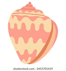 Seashell vector illustration. Pink cone shell with spots and stripes. Oceanic mollusk, underwater creature. Vector illustration sea set for poster, card.  Marine cartoon isolated clipart.