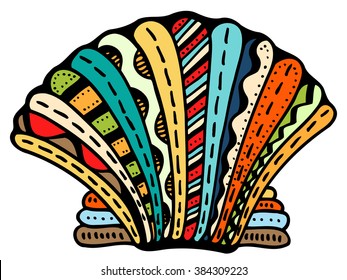 Seashell. Vector illustration. Zentangle. Hand drawn artwork. Beach concept for restaurant menu card, ticket, branding, logo label.