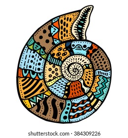 Seashell. Vector illustration. Zentangle. Hand drawn artwork. Beach concept for restaurant menu card, ticket, branding, logo label.