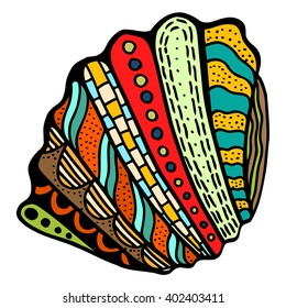 Seashell. Vector illustration. Zentangle. Hand drawn artwork. Beach concept for restaurant menu card, ticket, branding, logo label.