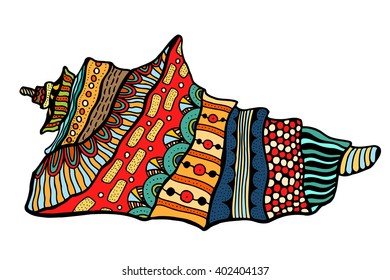 Seashell. Vector illustration. Zentangle. Hand drawn artwork. Beach concept for restaurant menu card, ticket, branding, logo label.