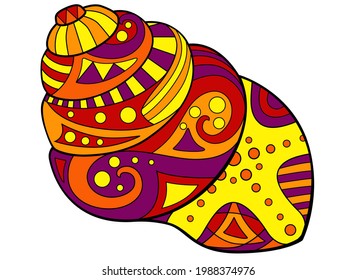 Seashell - vector linear full color illustration - with sea mollusk. Snail. Template for stained glass, batik or coloring. Ocean clam shell painted with zentangles in red and orange shades