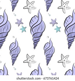 Seashell vector print with sea stars. Tropical violet summer nature background. Fashion vacation relaxing tropical ocean print