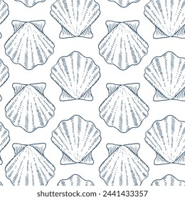 Seashell Vector seamless Pattern. Outline illustration of Scallop Background. Blue and white line art. Hand drawn graphic sketch in nautical style. Linear print drawing for fabric design