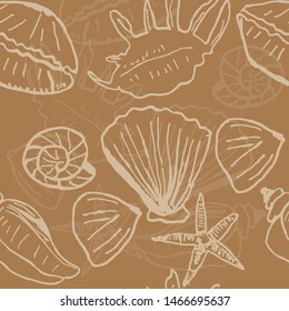 SeaShell vector seamless pattern withbrown background. Fun and playful illustrations. Great for using as packaging material, gift wrappers, printing on fabric, design projects, wallpaper, backgrounds