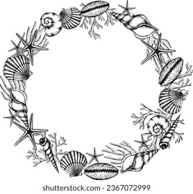 Seashell vector Wreath on isolated background. Hand drawn illustration of circular Frame with sea Shells. Underwater border for icon or logo in marine style with cockleshells and starfish. Black inks.