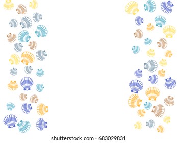 Seashell vertical borders vector illustration. Mollusk conch, pearl scallop, bivalve shellfish, underwater object, holiday symbol, aquatic nature card template. Marine or oceanic sea shell frame.