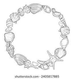 Seashell Wreath. Vector outline illustration of sea conch and starfish. Hand drawn graphic clipart of shell. Linear drawing on isolated background. Nautical frame border. Black contour line art